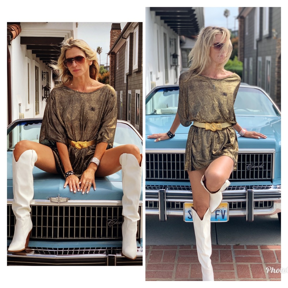 Vintage 70s Disco Slinky Gold Lame tunic dress